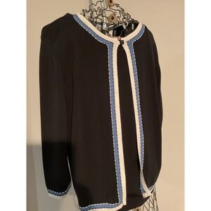 Alfred Dunner Petite Large Cardigan Sweater Black Blue White Trim Open Front PL